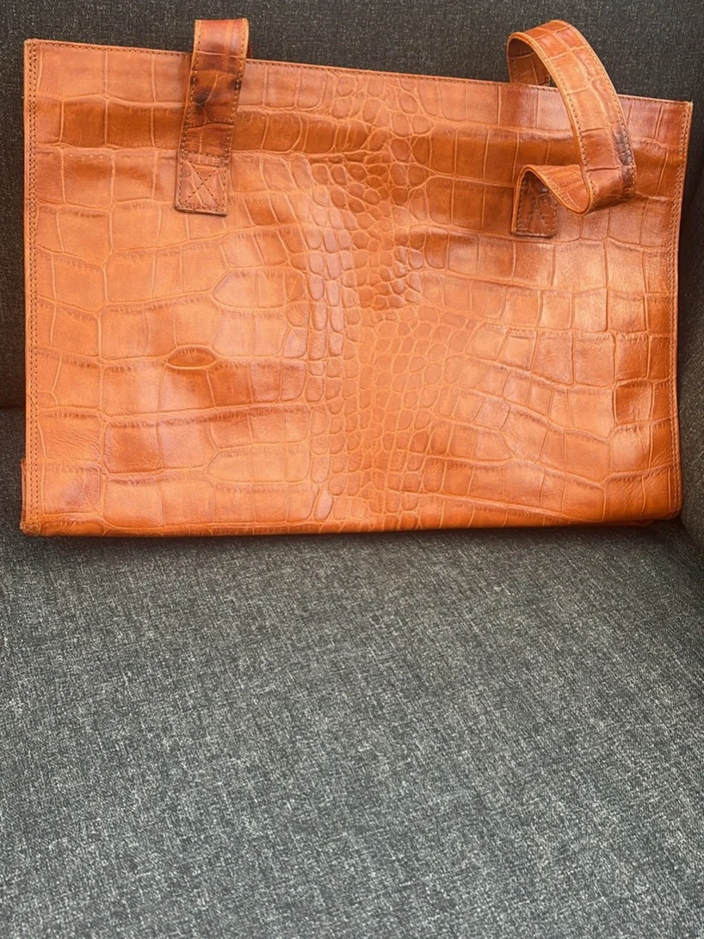 Women's Vintage Nordstrom Croc-Embossed Leather Tote Bag in Cognac